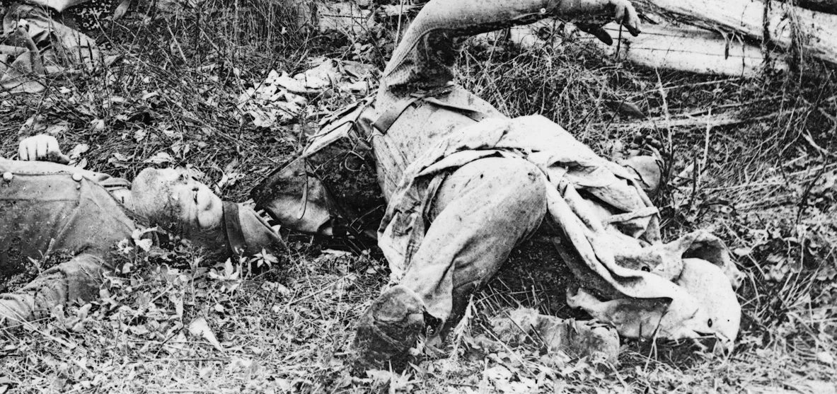Dead Confederates along the Hagerstown Pike, one with a hard-pack knapsack. Notice the hole in the knee of his trousers, as well as the poor condition of his visible shoe. There appears to be a cap with a band in the image as well.
