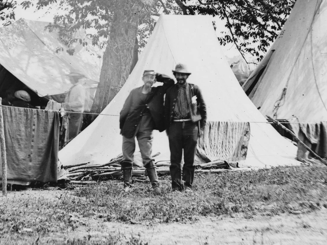 June, 1862. Two jovial soldiers at Camp Lincoln outside Richmond, Va. each wear a different pant color in this photo. (LOC#: LC-B815-430)