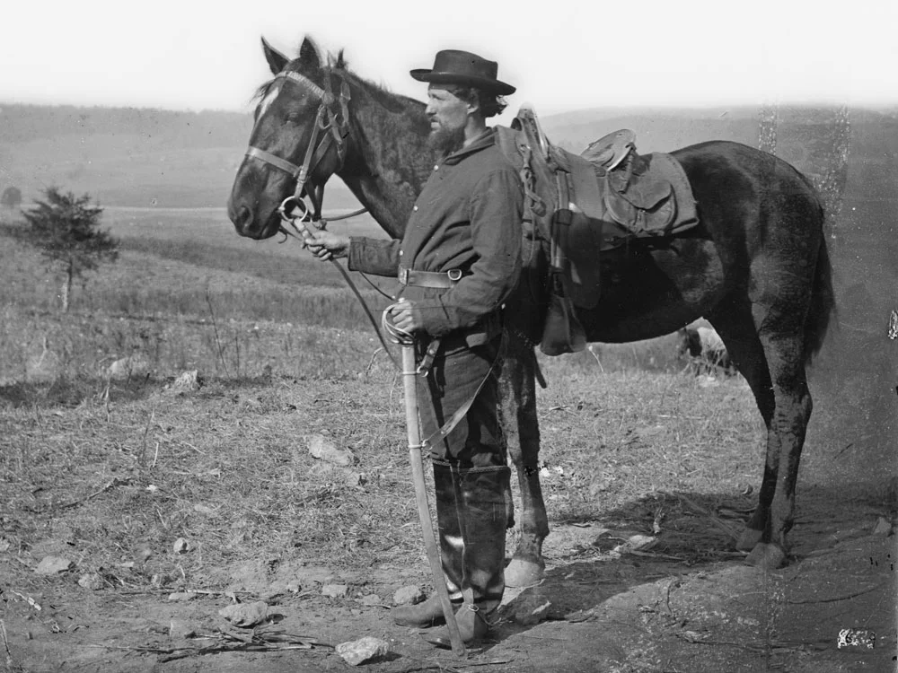 October, 1862. A cavalryman at Antietam, Md. Even following the Maryland campaign going into mid fall, men still wear the dark blue pants issued to them. (LOC#: LC-B811-619)