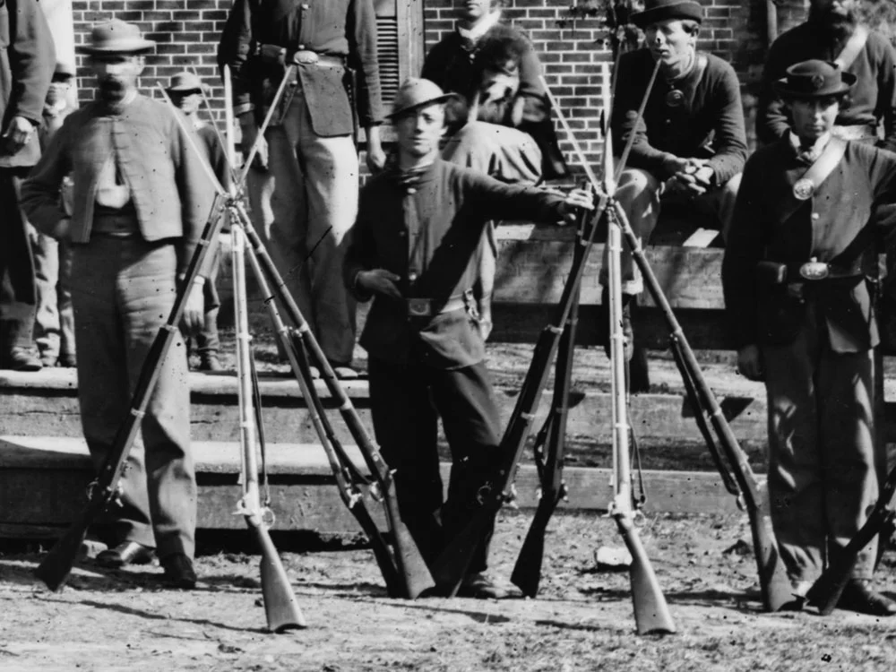 April, 1865 Federal troops at Appomattox Court House. One man is seen here wearing a pair of dark blues even as late as Lee's surrender. (LOC#: LC-B817-7193)