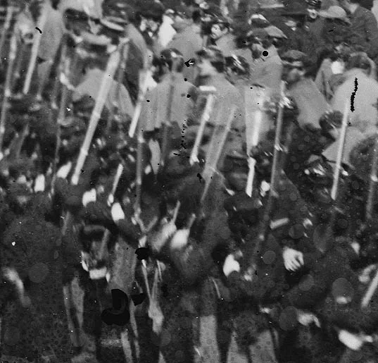 Soldiers in the crowd at the Grand Review, 1865, showing slight degrees of variation among individuals, though staying somewhat true to the manual.