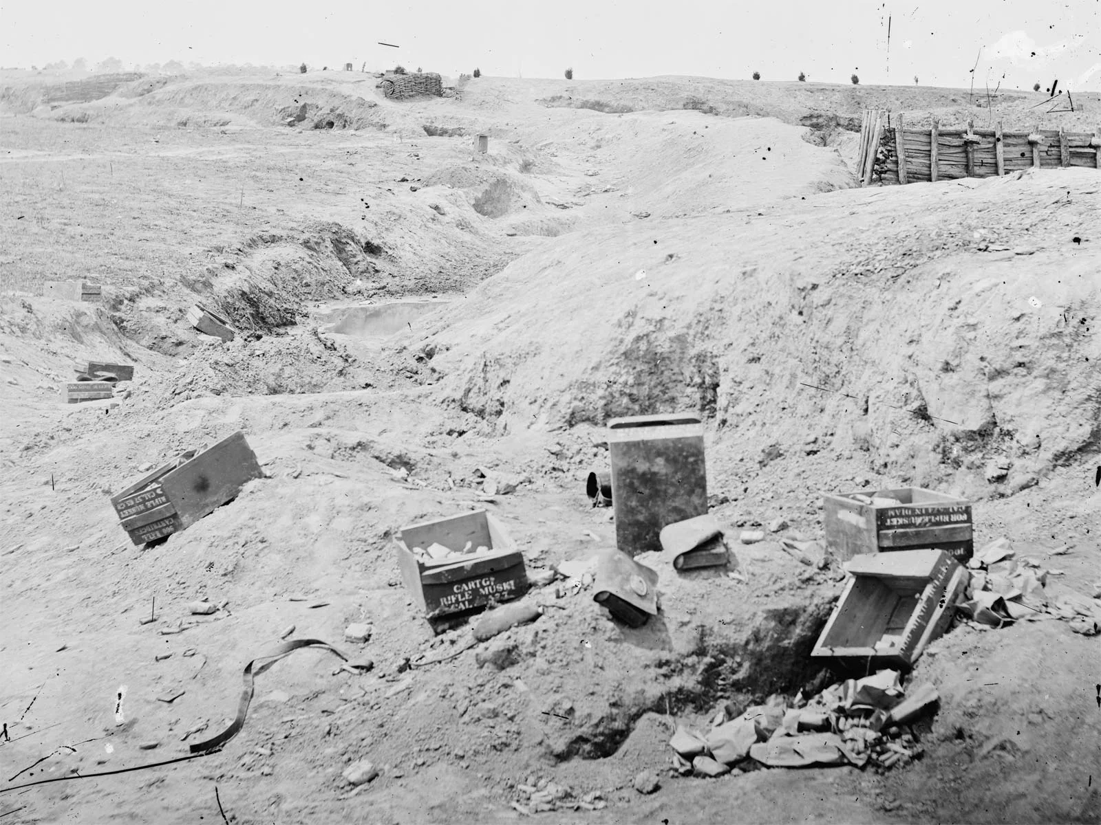 Ammunition crates litter the Petersburg battlefield. (Library of Congress)