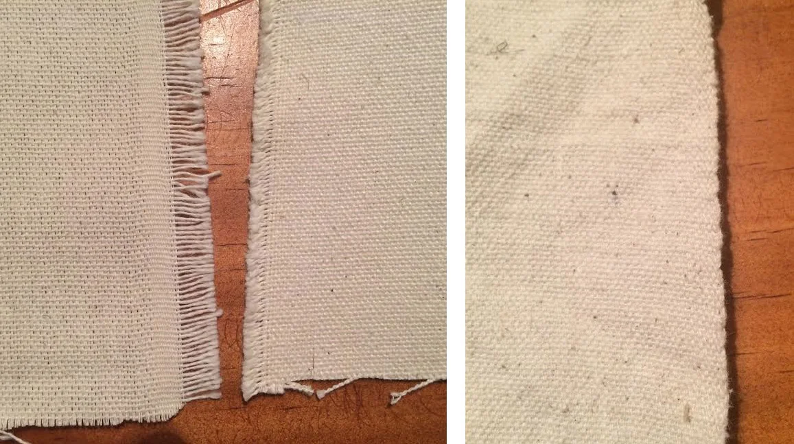 The image on the left shows two different cotton ducks with a modern selvedge, typically indicated by varying degrees of “frayed” or loose cut weft yarns. This edge should be removed or turned under when constructing any 19th century piece. The fabric itself, however, is acceptable. The image on the right shows a cotton duck woven with the type of bound selvedge that was characteristic of 19th century goods. This selvedge should be retained and utilized in the construction of the Fly Tent.