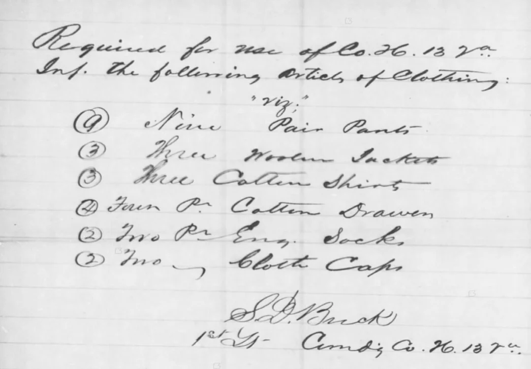 One of dozens of surviving requisitions from the 13th Virginia from the Spring of 1864. This shows the typical items that were being provided to each company almost on a weekly basis in preparation for the upcoming campaign--woolen jackets, pants, cotton shirts and drawers, and caps.