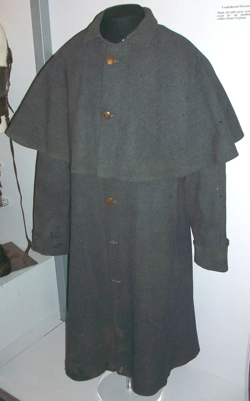 An imported blue grey kersey British overcoat of the type issued to some members of the 13th Virginia in the Winter of 1863-64.
