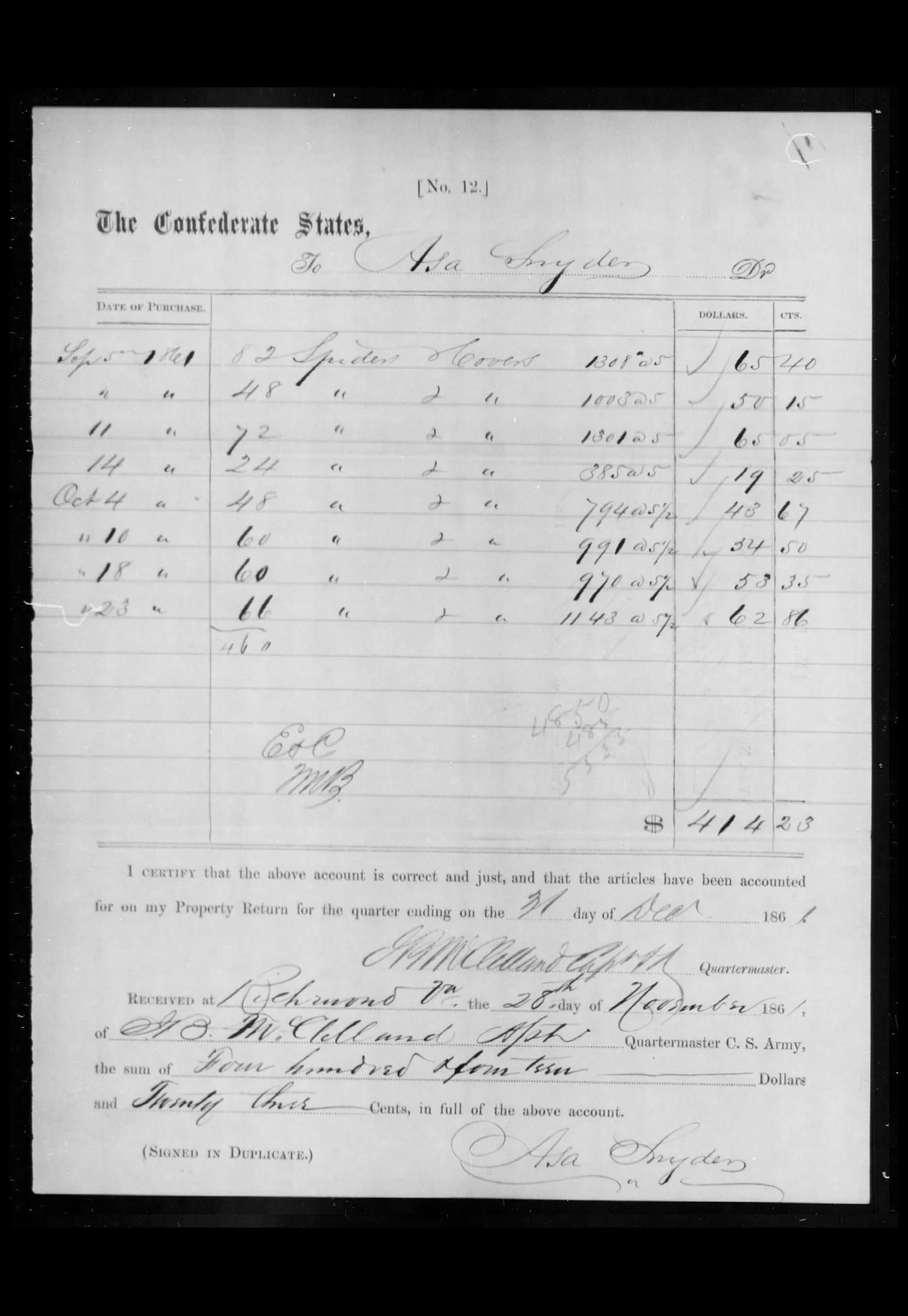 Snyder receipt, 1861.