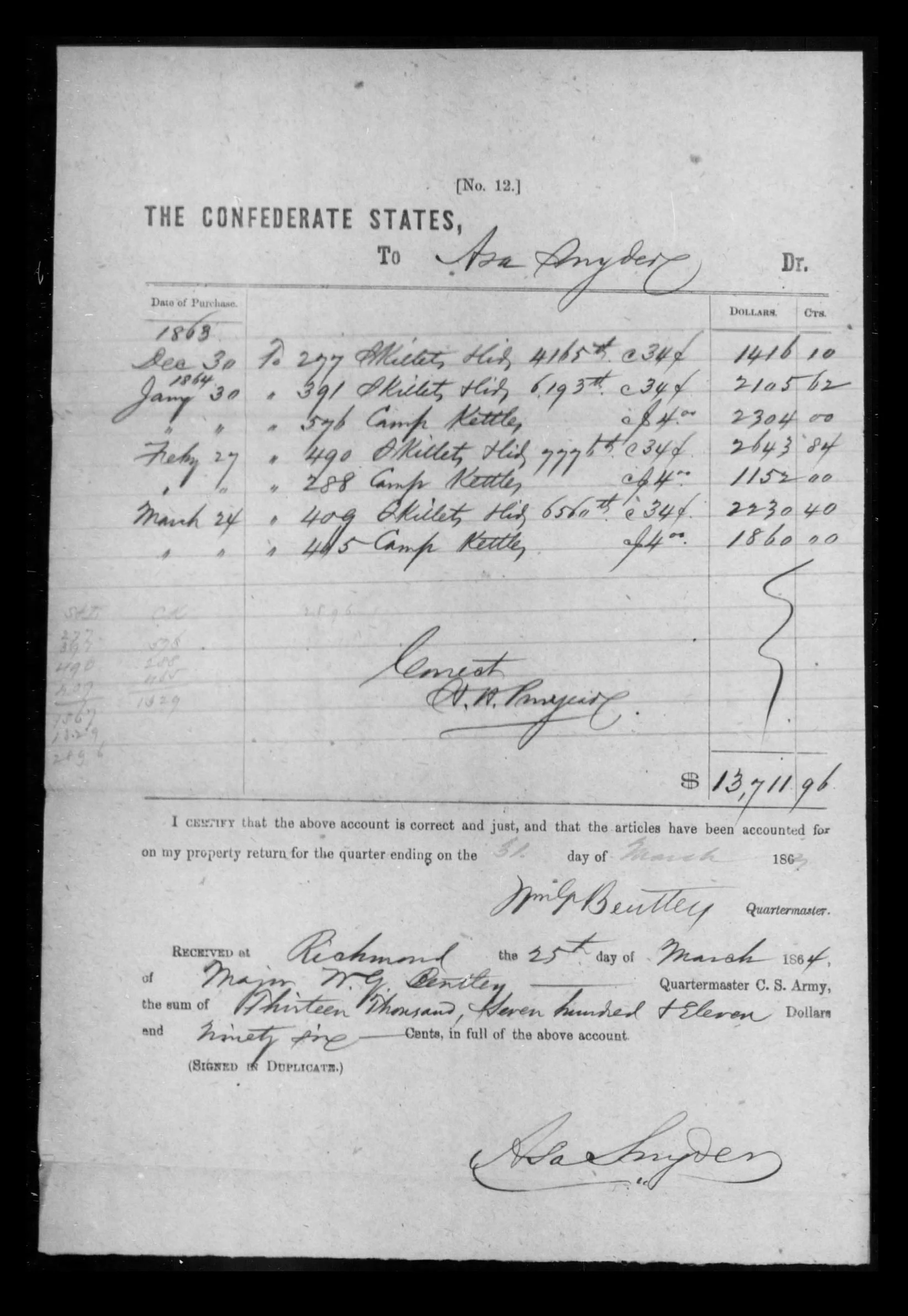 Snyder receipt, 1863.