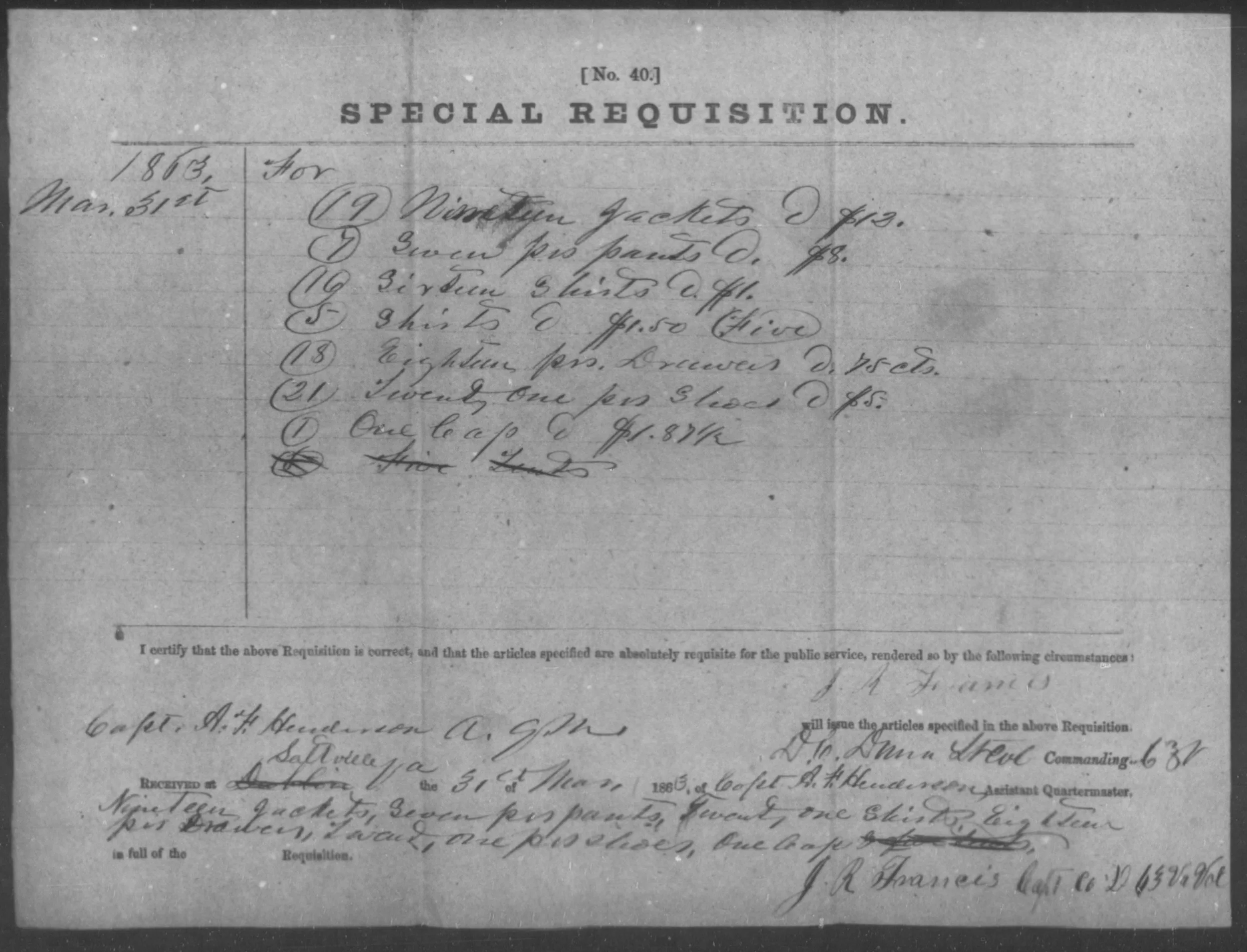 Figure 6 - Issue to Co. D 63rd VA, 31 Mar 1863