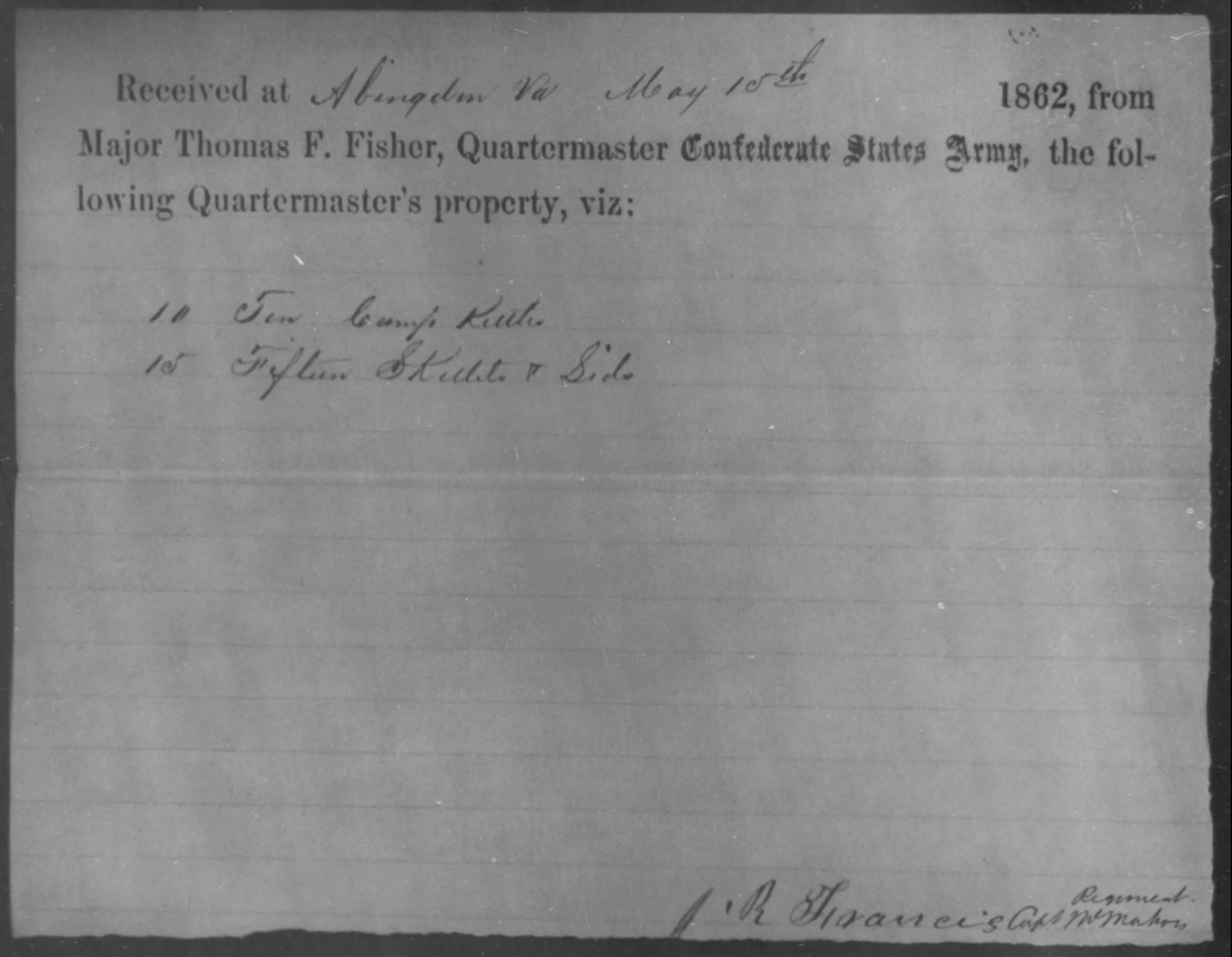 Figure 8 - Issue of QM supplies – Cooking utensils Co. D 63rd VA, 15 May 1862