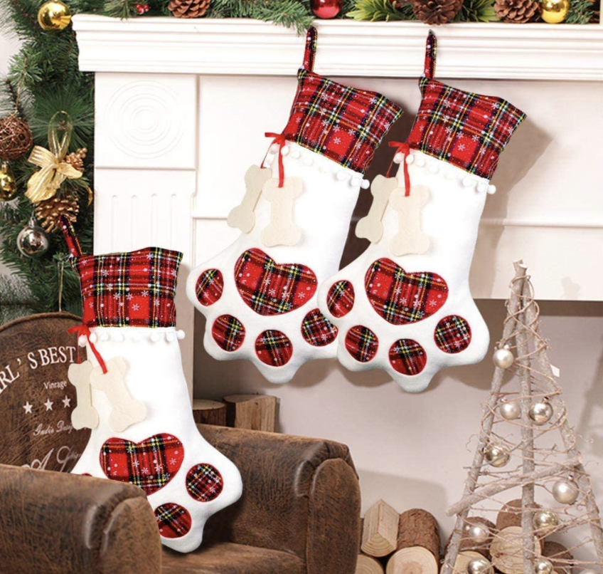 GEX 16" Dog Bone Christmas Stocking For Pet Linen Jute Xmas Stockings Bowknot 