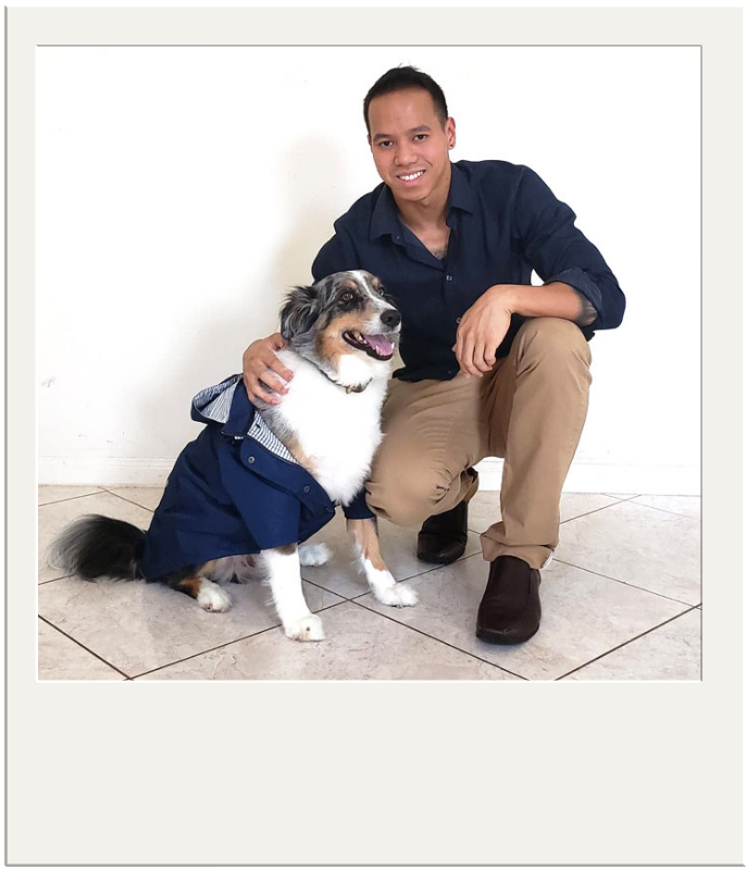 Alan Huang of Ellie Dog Wear with his dog, Loki
