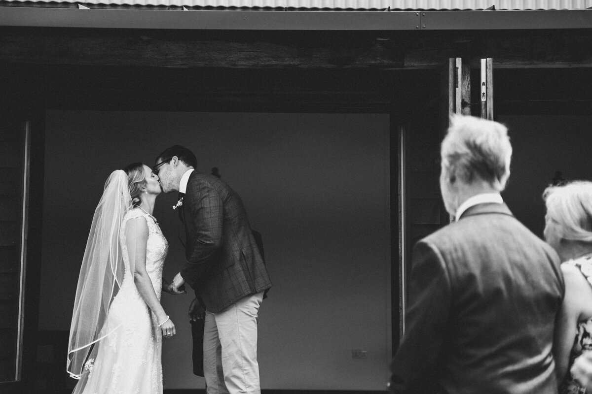 The first kiss at Oak Barn Wedding