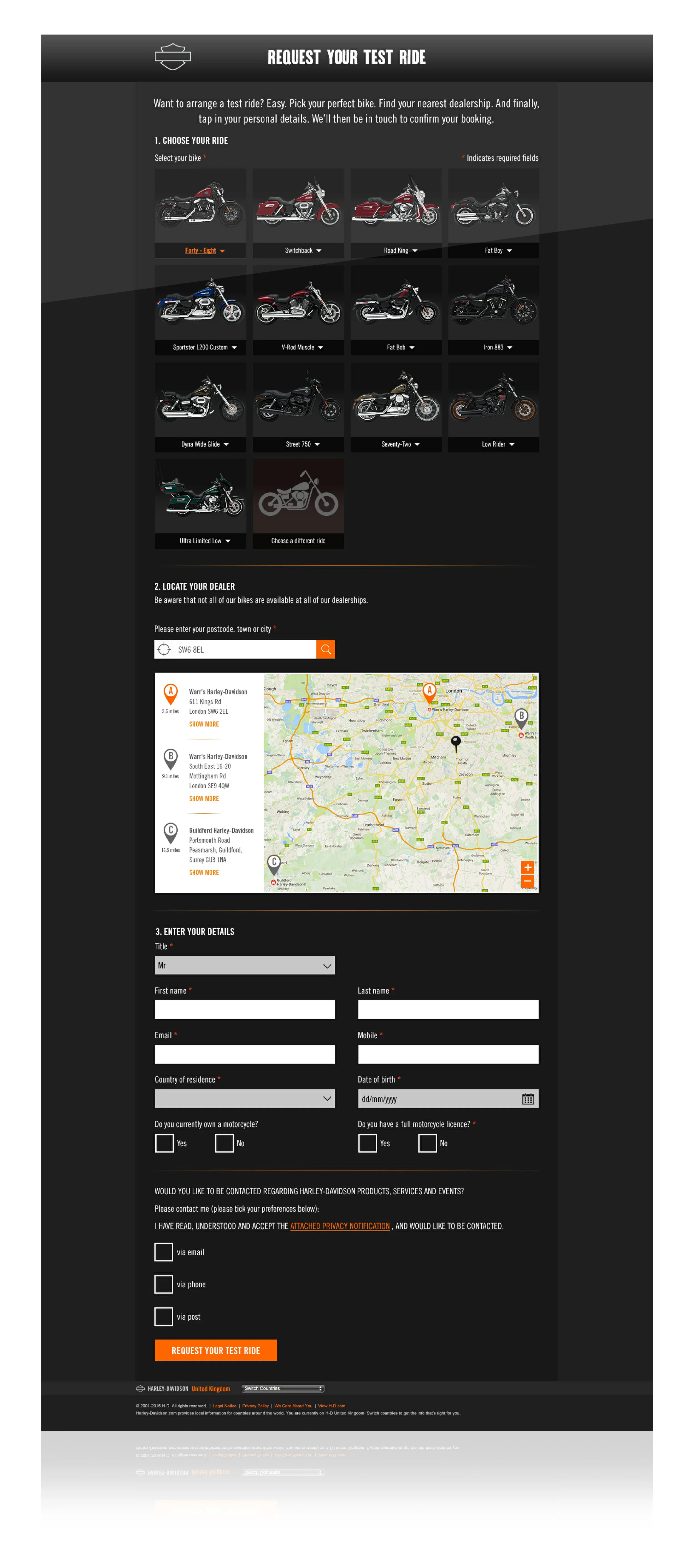 Test ride request page