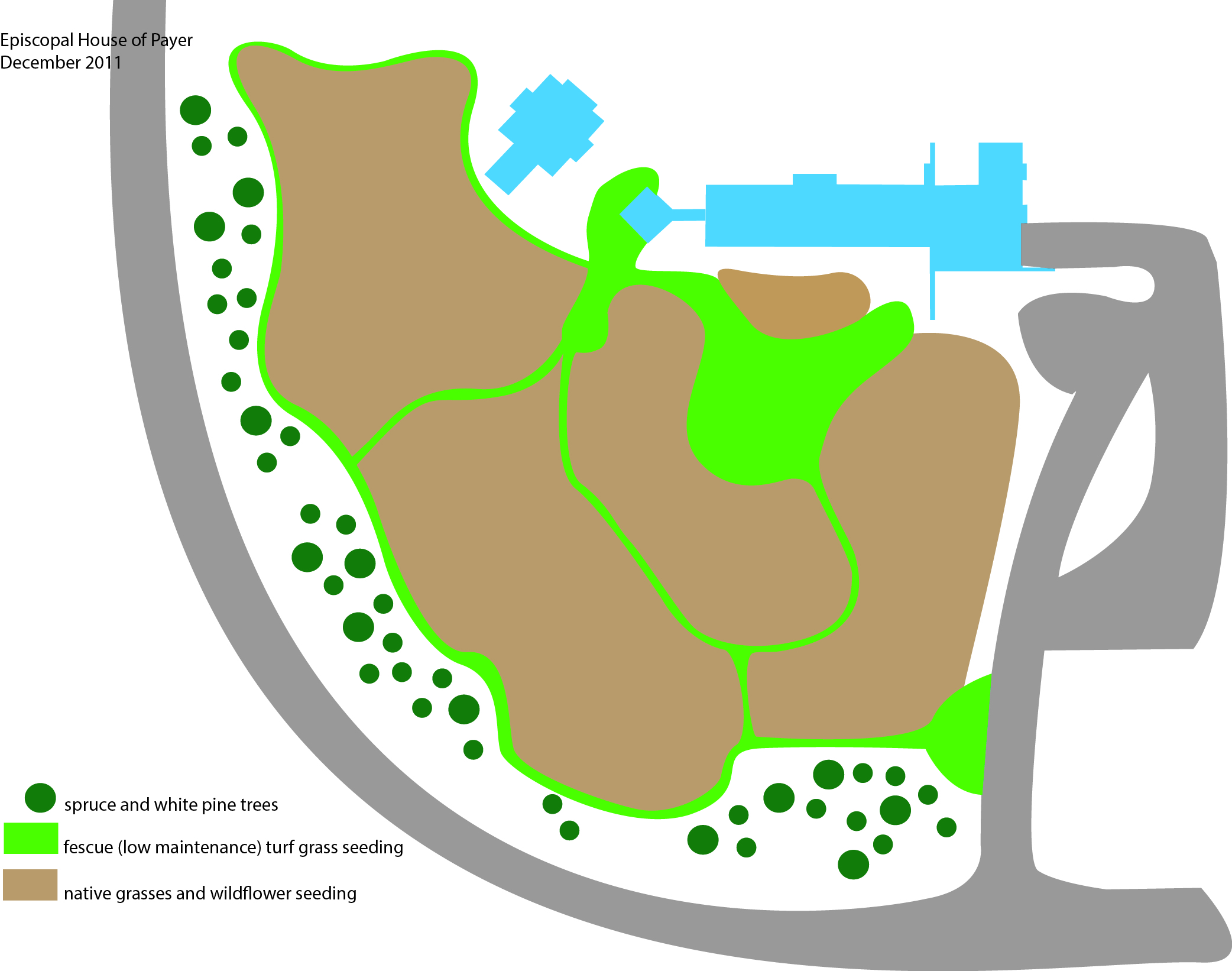 This design was for the Episcopal House of Prayer on the edge of the Saint John's Abbey property. The green represents areas that we seeded in fescue--a low maintenance turf grass--that made up the paths and several open spaces, and the brown represents areas that we seeded in native grasses and wildflowers. Illustration by Steve Heymans.