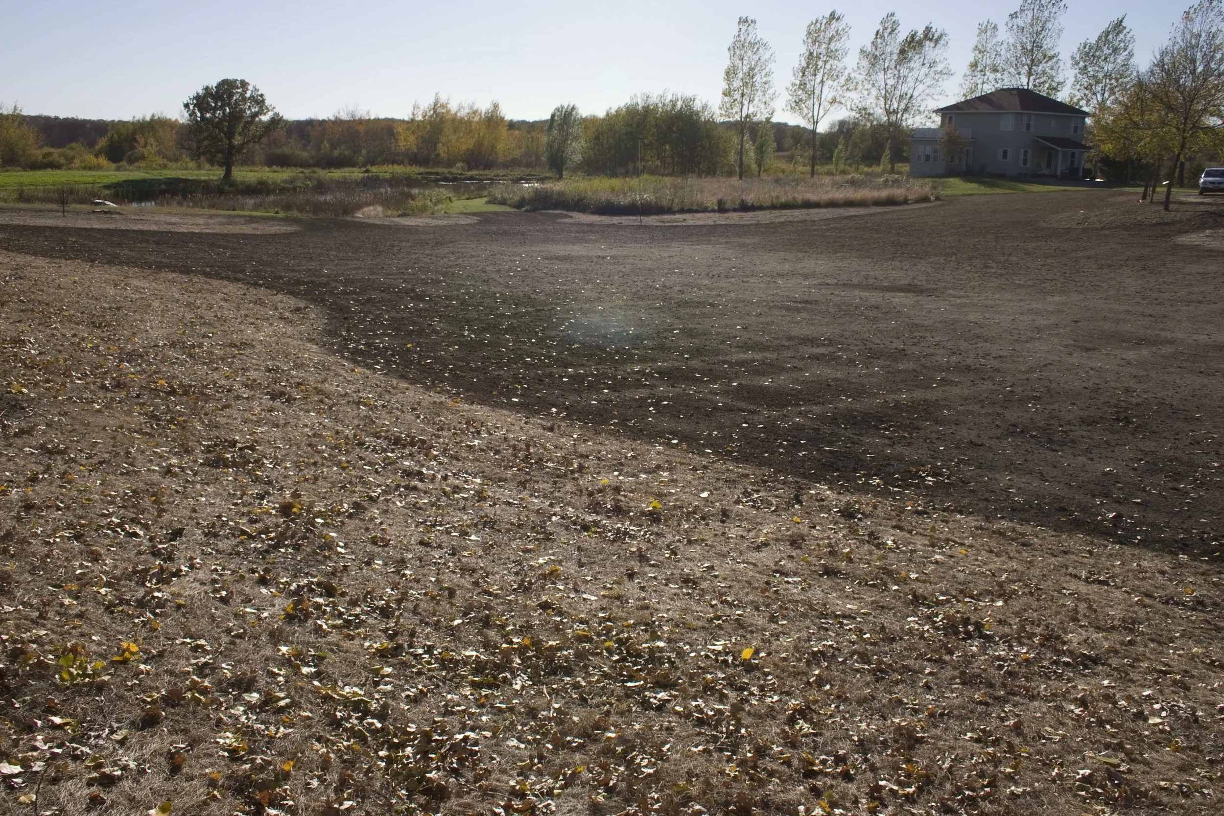 This is an area on our farm that I seeded toward the end of September some years ago. This is a large area and we had no intention of installing a sprinkler system. We seeded it in a fescue mix, which is a grass that grows slowly, crowds out the weeds better than Bluegrass, and, once established, does not need to be watered.