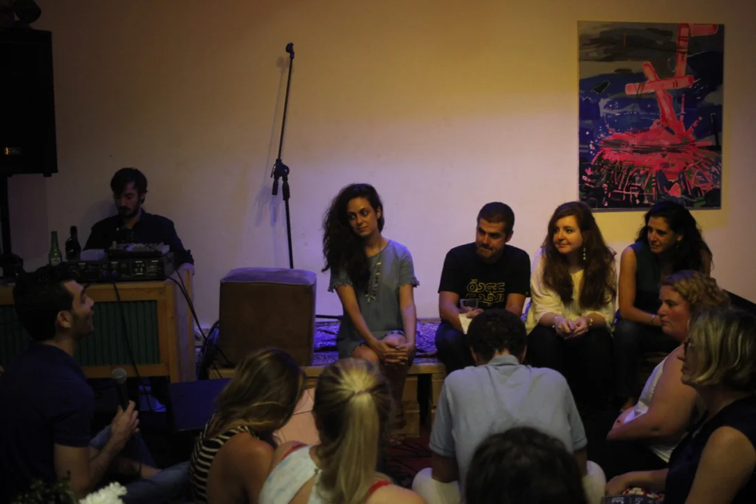 (L to R) Maya Gebeily, Nabih Bulos, Luna Safwan and Natalia Sancha, at a Q&A session during live recording of final episode of The Byline. Taken August 2017 by Tamara Rasamny. 