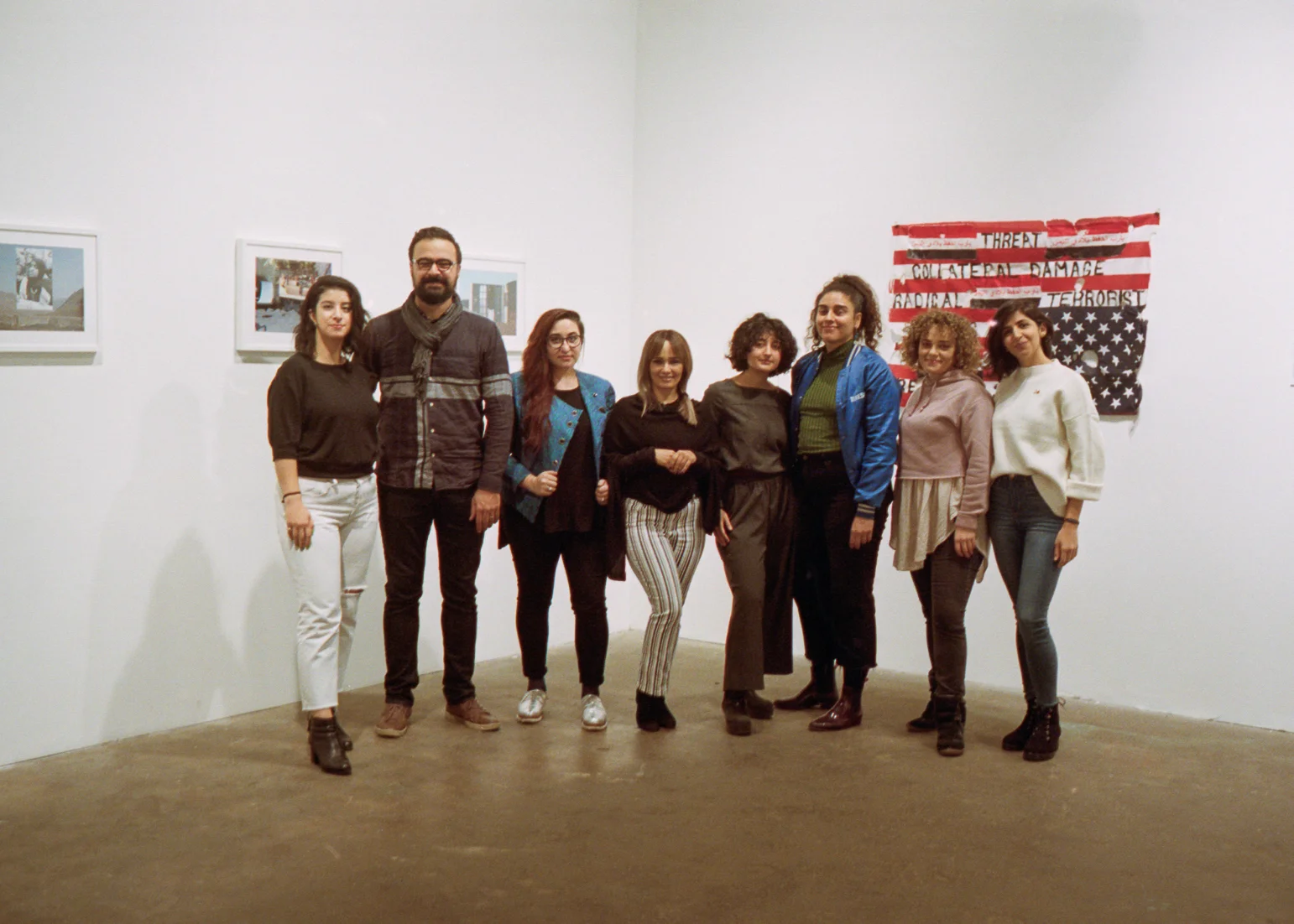 From left to right: Kiana Pirouz, Farhad B arham , Soraya Majd, Asiya Al-Sharabi, Tandis Shoushtary, Carmen Daneshmandi, Gina Malek, and Mahya Soltani. Photo by Jack Newton.