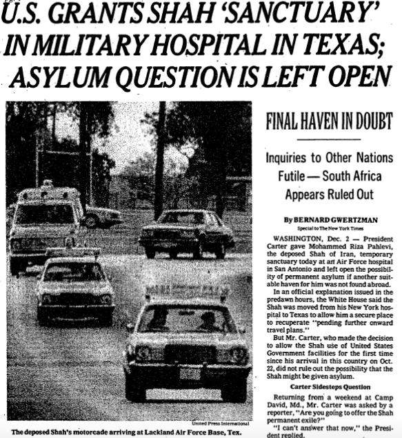 Dec 2nd, 1979 - US Grants Shah 'Sanctuary' In Military Hospital In Texas - New York Times.png