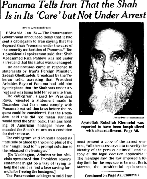 January 23rd, 1980 - Panama Tells Iran That the Shah Is Not Under Arrest - New York Times.png
