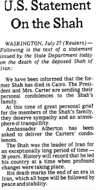 July 27th, 1980 - US Statement On the Shah - New York Times.png