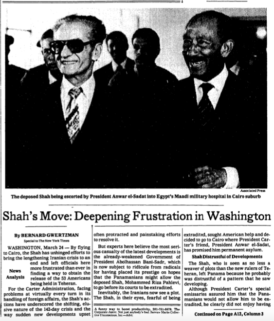 March 24th, 1980 - Shah's Move_Shah and Sadat Photo - New York Times.png
