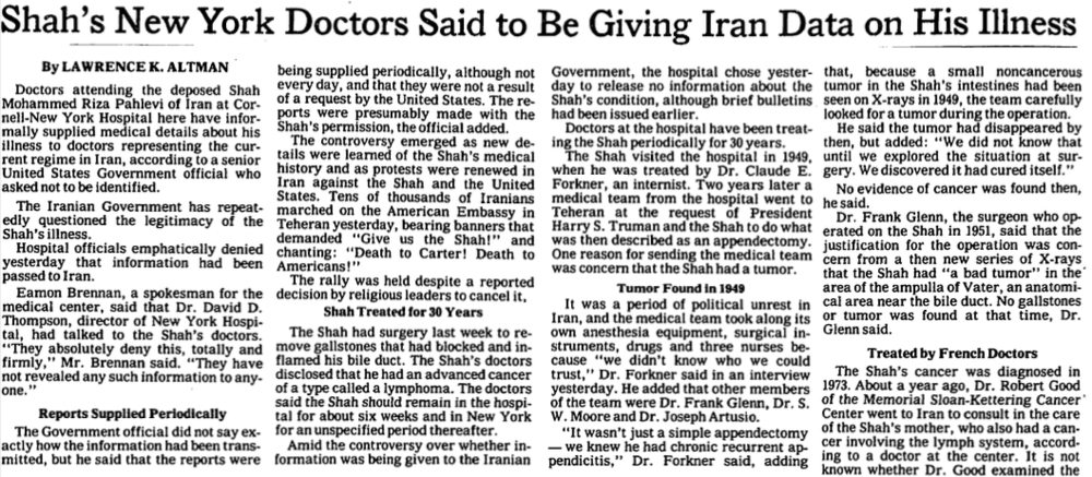 Nov 2nd, 1979 - Shah's New York Doctors Said to Be Giving Iran Data - New York Times.png