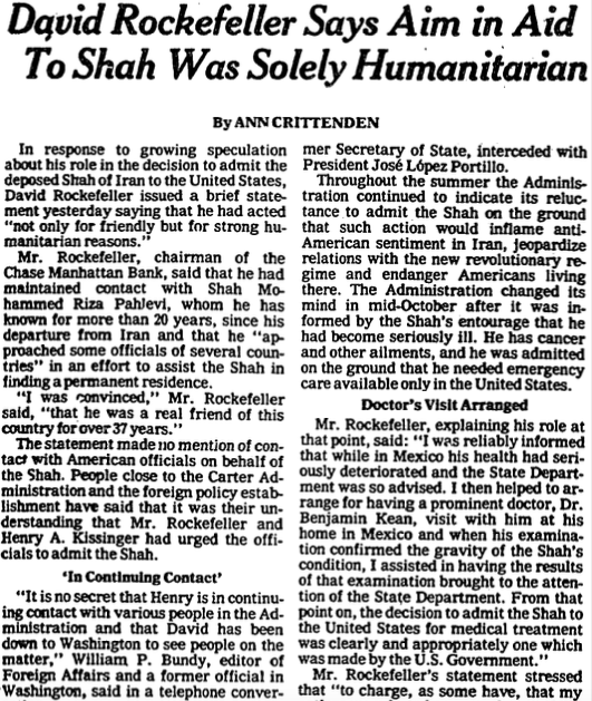 Nov 17th, 1979 - David Rockefeller Says Aim in Aid To Shah Was Solely Humanitarian - New York Times.png
