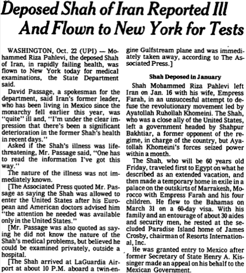 October 22nd, 1979 - Deposed Shah Flown to New York - New York Times.png