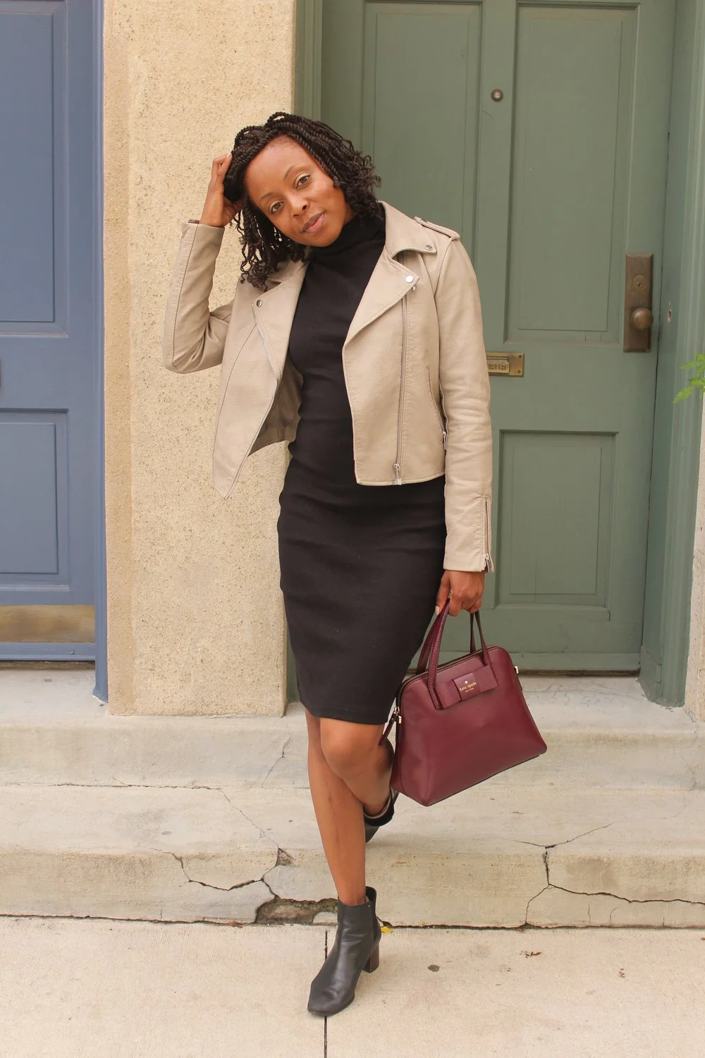 sweater dress with leather jacket