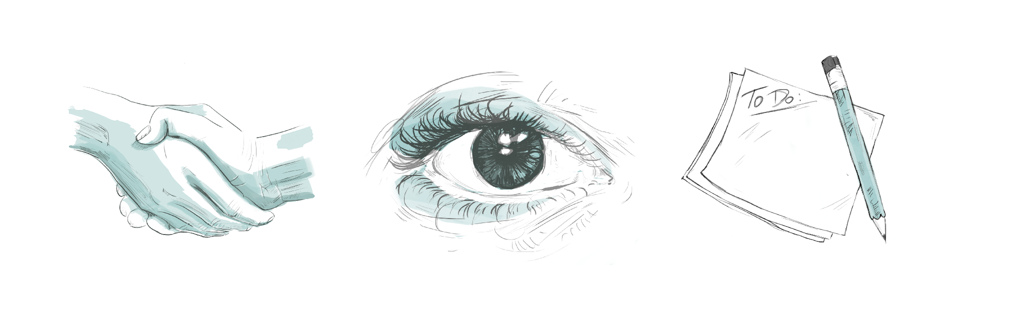 Illustration von sich schüttelnden Händen, einem geöffneten Auge und einer To Do Liste mit Stift. Im Rahmen der Gestaltung des Pocket Guides für Street One von dem Grafik Büro sons of ipanema aus Köln.