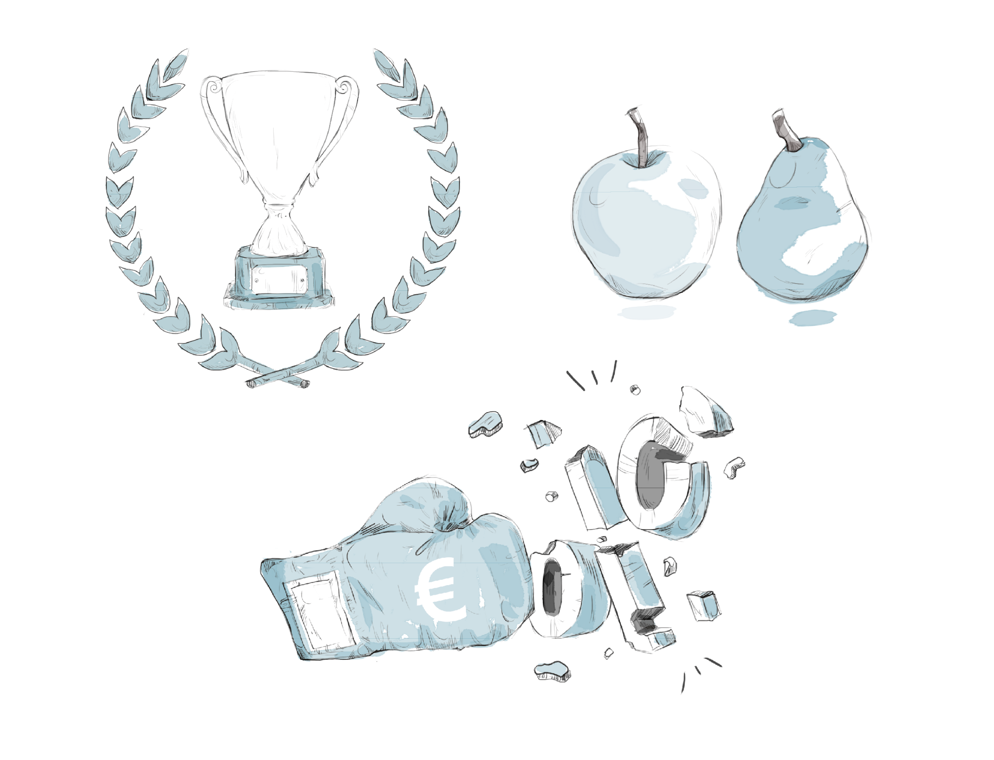 Illustration of a laurel wreath, trophy, apple, pear, boxing glove and percent sign/Illustration von einem Lorbeerkranz, Pokal, Apfel, Birne, Boxhandschuh, Prozentzeichen für den Pocket Guide für Street One. Gestaltung von den sons of ipanema einem Büro für Kommunikation in Köln. 