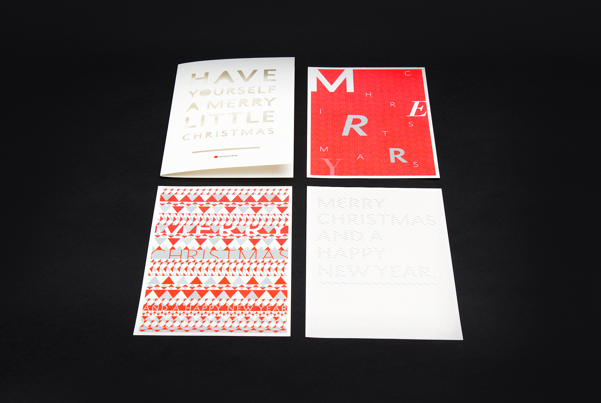 Merry Chrsitmas and a happy new year. Typografie Stanzung, Muster für Weihnachten, Karten Set für Street One, gestaltet von den sons of ipanema, Grafikbüro aus Köln.