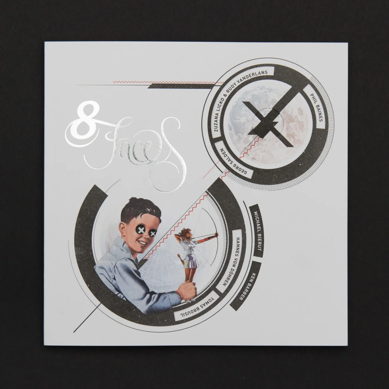 Cover vom 8 Faces Magazin aus England. Mit Illustration und Stanzung aus Kreisen featuring Michael Bierut, Ken Barber, Hannes von Döhren, Tomas Brousil, Georg Salden, Zuzana Licko, Rudy Vanderlans und Phil Baines. Gestaltung und Layout von den sons of ipanema.