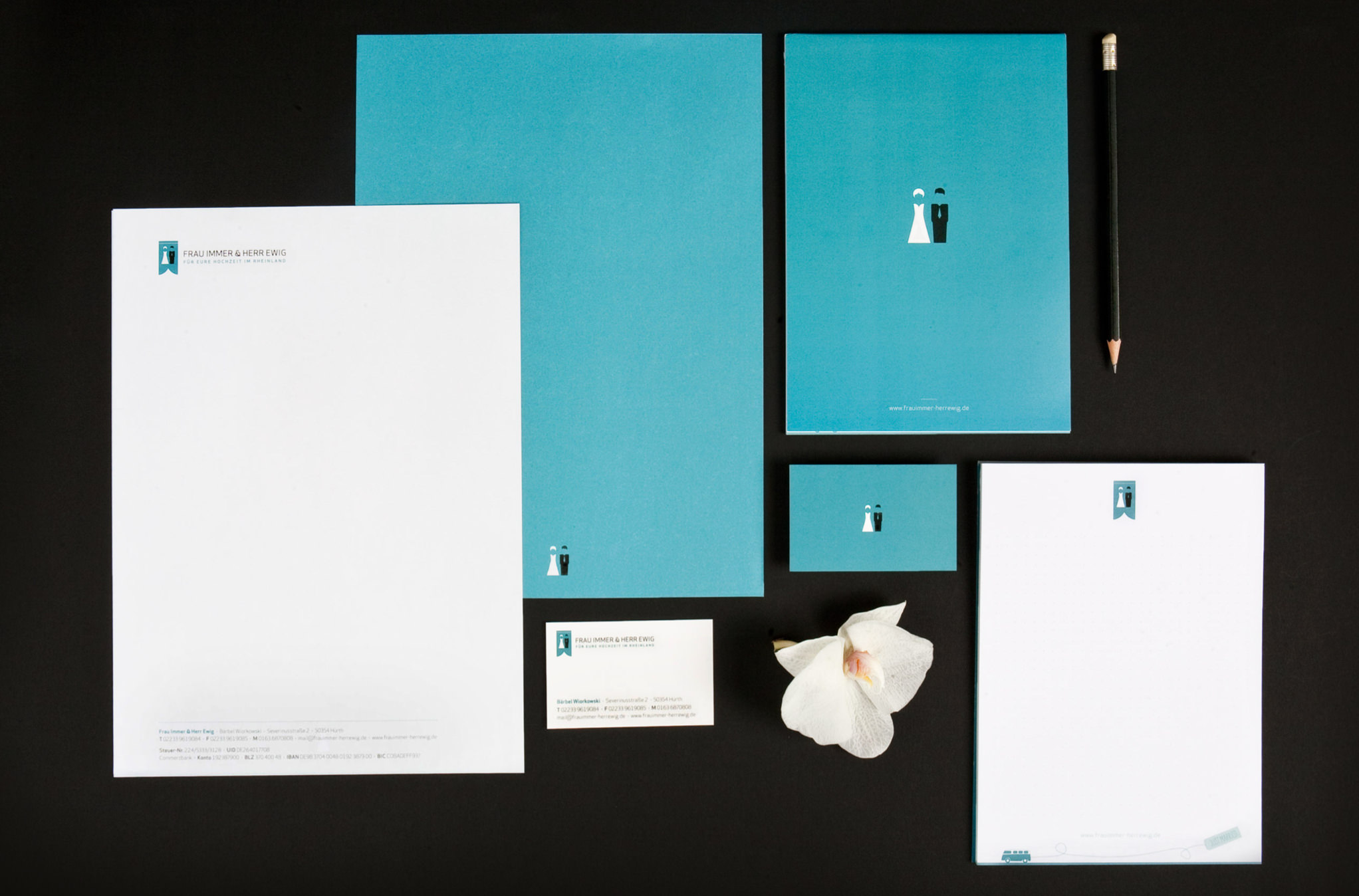 Office equipment (writing paper, business card, notepad) for the wedding planners from the rhineland Frau Immer und Herr Ewig by sons of ipanema a graphic design studio from cologne.