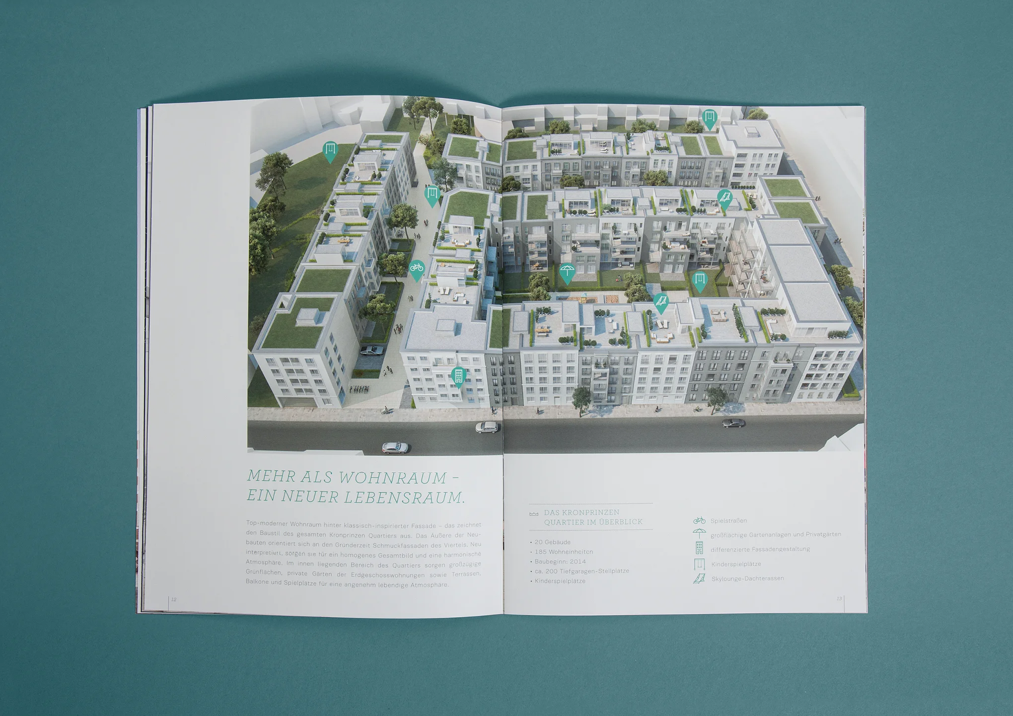Vogelperspektiven Ansicht auf das Kronprinzen Quartier von der GS Immobiliengruppe in Aachen. Der Text unter dem Bild gibt zum Thema "Mehr als Wohnraum - ein neuer Lebensraum" einen Überblick über die neue Immobilie. Gestaltet von den sons of ipanema einem Büro für Grafik Design aus Köln.