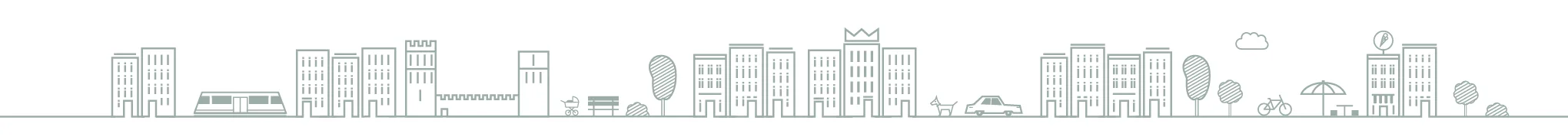 Icongestaltung für das Kronprinzen Quartier von GS Immobilien in Aachen. Das Studio für Kommunikationsdesign sons of ipanema gestaltete diese horizontale Ansicht einer Straße in einem Wohnviertel, welche Icons von Häusern, einer Straßenbahn/ Tram, Burg, einem Kinderwagen, einer Bank, Büschen und Bäumen, einem Hund, einem Auto, Wolken, Fahrrad, Sonnenschim, Sitzecke, Hocker und Tisch und Eisdiele.