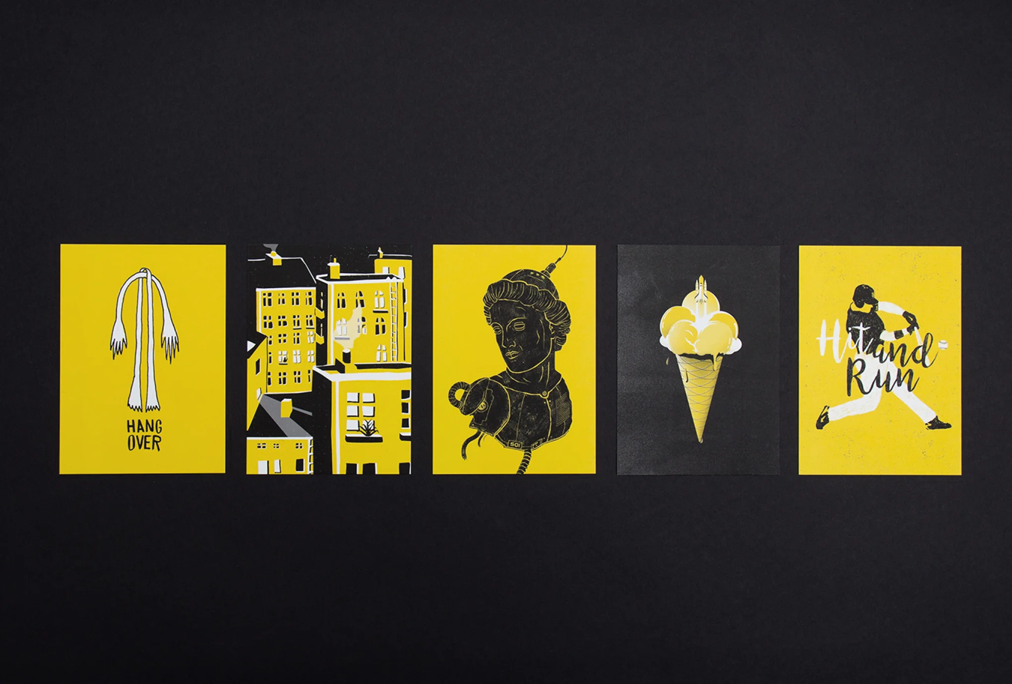 Set aus Illustrationen Hangover (Arme und Beine), Hinterhof, Büste, Roboter, Eis, Waffel, Rakete, Start, Hit and Run, Baseball. Diese schwarz, weiß und gelben Illustrationen entstanden für die Hilfsaktion 50/50 von den sons of ipanema einer Grafikagentur in Köln.