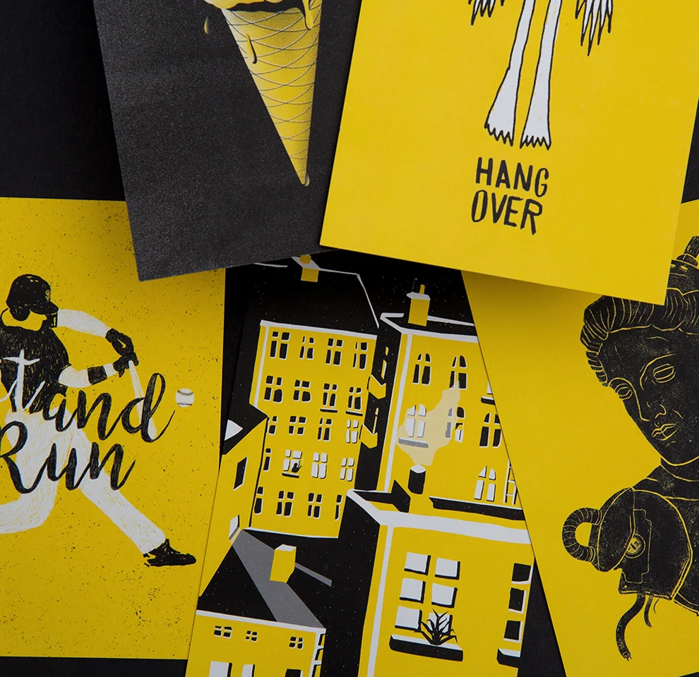 Illustrationsset Hangover (Arme und Beine), Hinterhof, Büste, Roboter, Eis, Waffel, Rakete, Start, Hit and Run, Baseball. Diese dreifarbigen Illustrationen entstanden für 50/50 eine von den sons of ipanema aus Köln in Leben gerufene Spendenaktion.