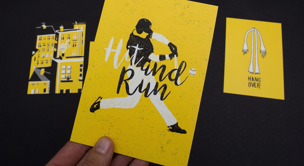 Set aus 5 Illustrationskarten: Hangover (Arme und Beine), Hinterhof, Hit and Run, Baseball, Trikot, Helm, Baseballschläger. Entstanden im Rahmen von der 50/50 Aktion von den sons of ipanema, einem Grafik Büro aus Köln.