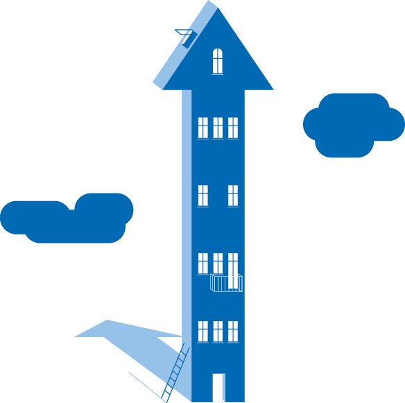 Haus mit Fenstern und einer Dachluke, drumherum Wolken illustriert von den sons if ipanema für die RWTH Aachen.