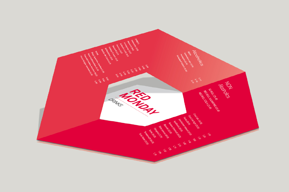 Corporate Design, Getränkekarte für das Gastro-Event Red Monday von Red Bull von der Kreativagentur sons of ipanema aus Köln.