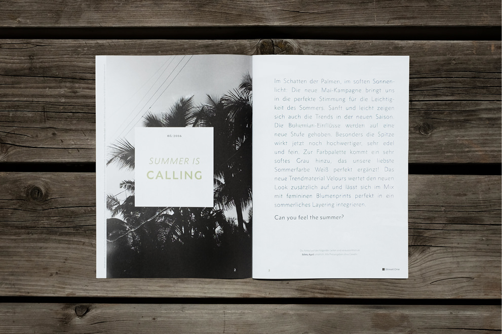 Doppelseite aus dem Street One Magazin. Intro Seite "Summer is Calling" konzipiert und grafisch erarbeitet von den sons of ipanema einer Grafik Agentur aus Köln.