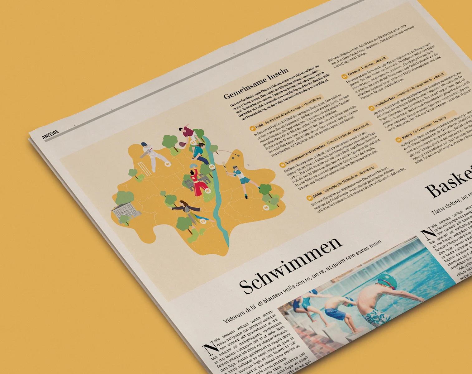 Illustration Münchenkarte und Sportarten in der Beilage der Süddeutsche Zeitung. Auftrag für die Deutsche Journalistenschule in Kooperation mit dem Deutschen Olympischen Sportbund. Grafik von den sons of ipanema.