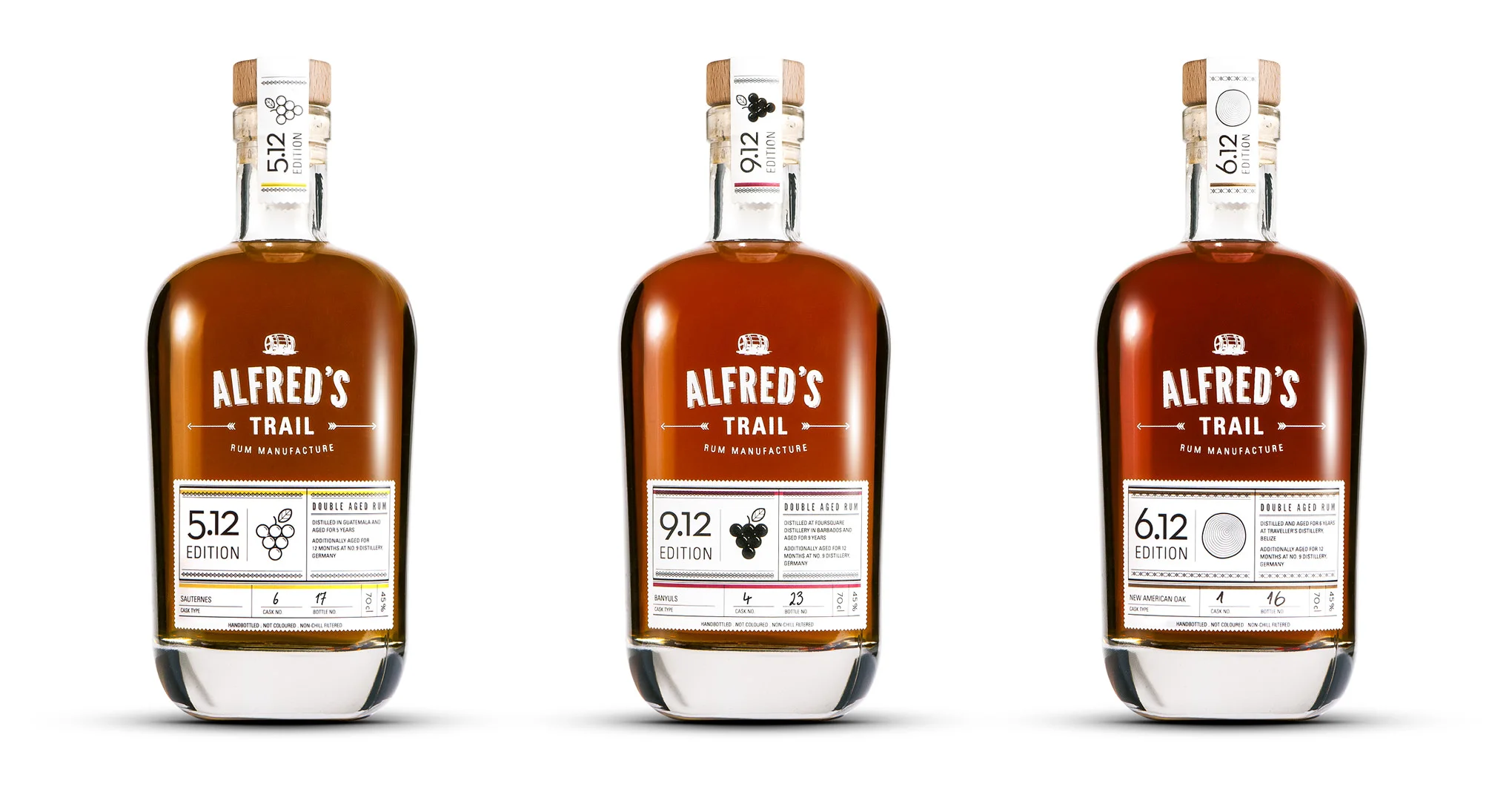 Number Nine Spirituosenmanufaktur / Edition 5.12 Double Aged Rum, Sauternes / Edition 9.12 Double Aged Rum, Banyuls / Edition 6.12 Double Aged Rum, New American Oak von Alfred´s Trail Rum Manufacture. Gestaltung von den sons of ipanema, einem Büro für Kommunikatiosdesign aus Köln.