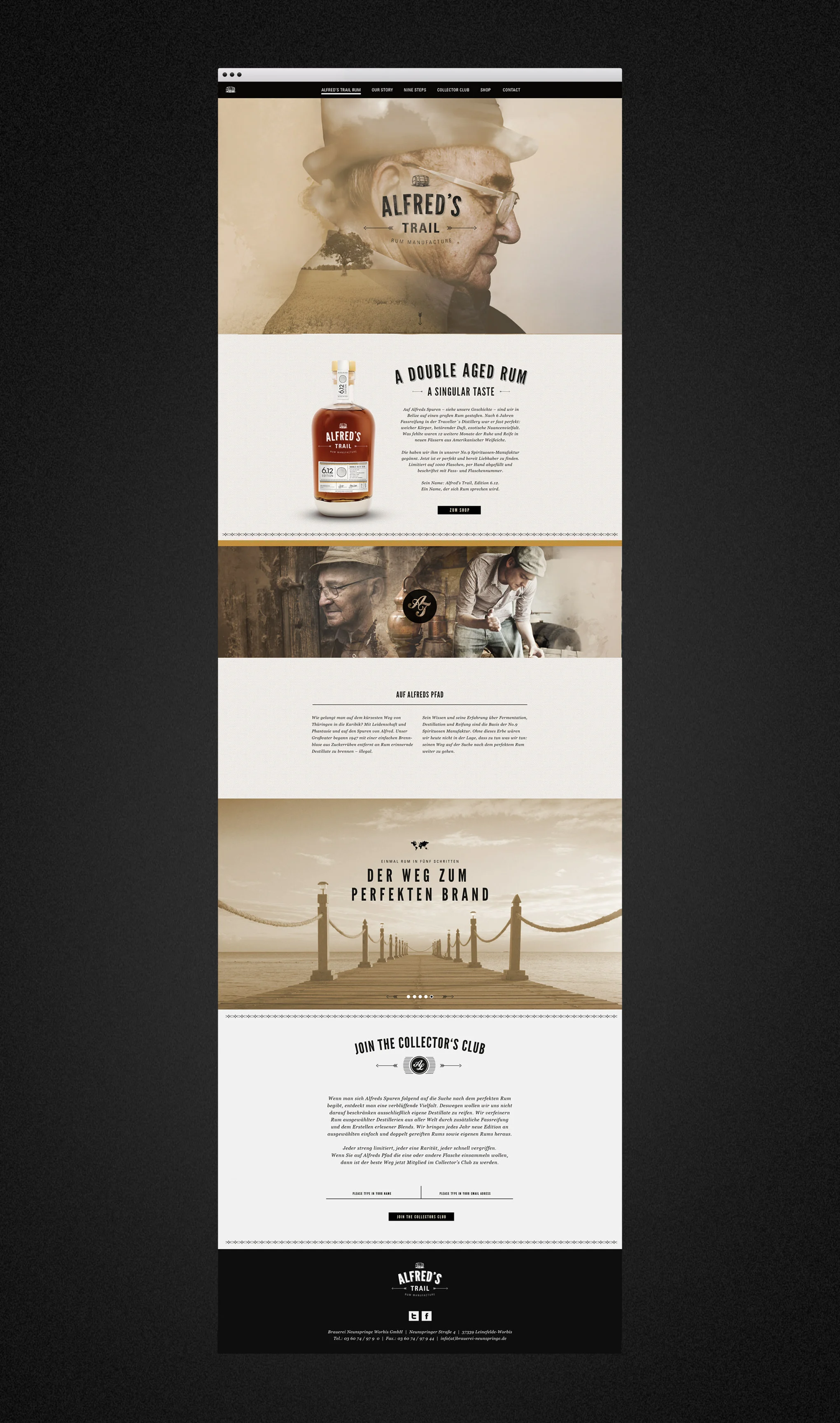 Web Design für die Webseite von Alfred´s Trail Rum Manufacture / Number Nine Spirituosenmanufaktur. Gestaltung und Umsetzung von dem Designstudiosons of ipanema aus Köln.
