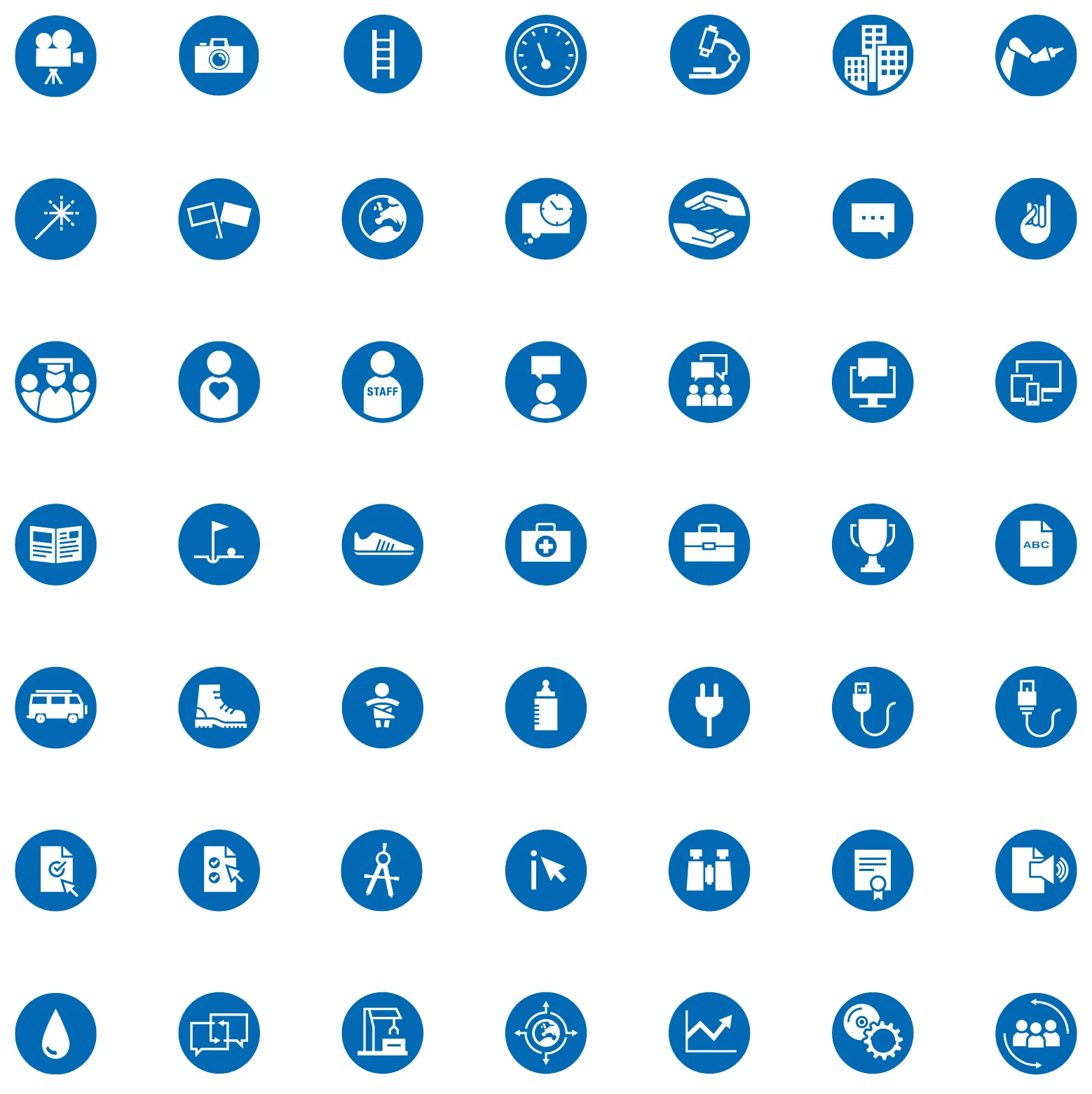 Icon/ Symbol für Abschluss, Uniabschluss, Bachelor, Master, Mensch mit Herz, Staff, Mitarbeiter, Person mit Sprechblase, mehrere Personen mit Sprechblase, Computer/ Bildschirm mit Sprechblase, elektronische Geräte, Computer, Tablet, Handy, Mobile, Zeitung, Golfplatz, Golf, Golfball, Fahne, Sportschuh, Schuh, Verbandskoffer, Verbandkasten, Erste-Hilfe-Kasten, Koffer, Pokal, Blatt mit ABC, Bulli, Bus Wanderschuh, gewickeltes Baby, Nuckelfflasche, Stecker, USB Stecker, Kabel, USB Anschluss, LAN Kabel, Blat mit Haken, Maus, Mauszeiger, Blatt mit mehreren Haken, Zirkel, Fernglas, Zertifikat, Lautsprecher, Tropfen, Wassertropfen, Sprechblasen mit Pfeilen, Hebekran, Globalisierung, Aktien, Zahnrad. Gestaltet von den sons of ipanema für die RWTH Aachen.