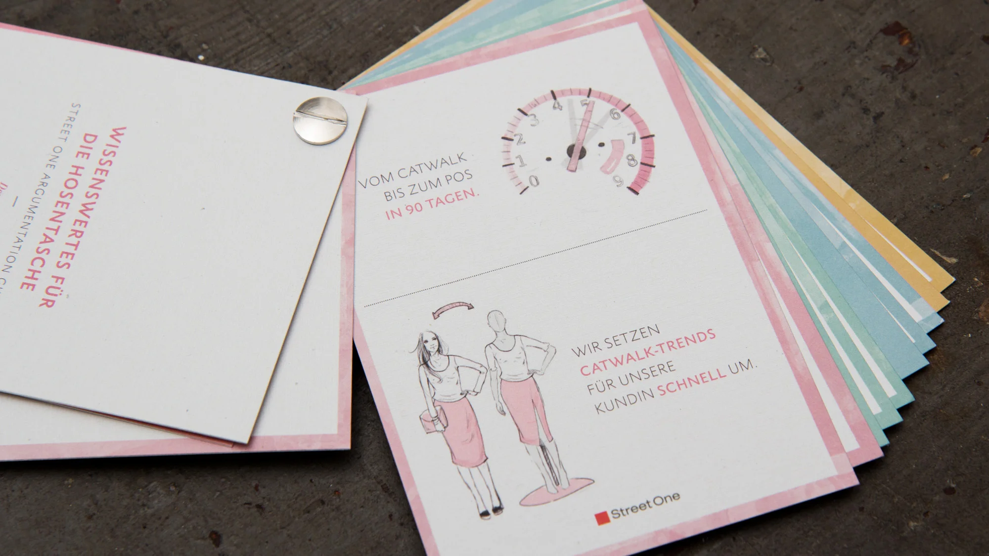 Gestaltung eines Pockets Guides für Street One von den Grafikern sons of ipanema in Köln. Illustration zum Thema Umsetzung der Catwalk-Trends für die Kundin.
