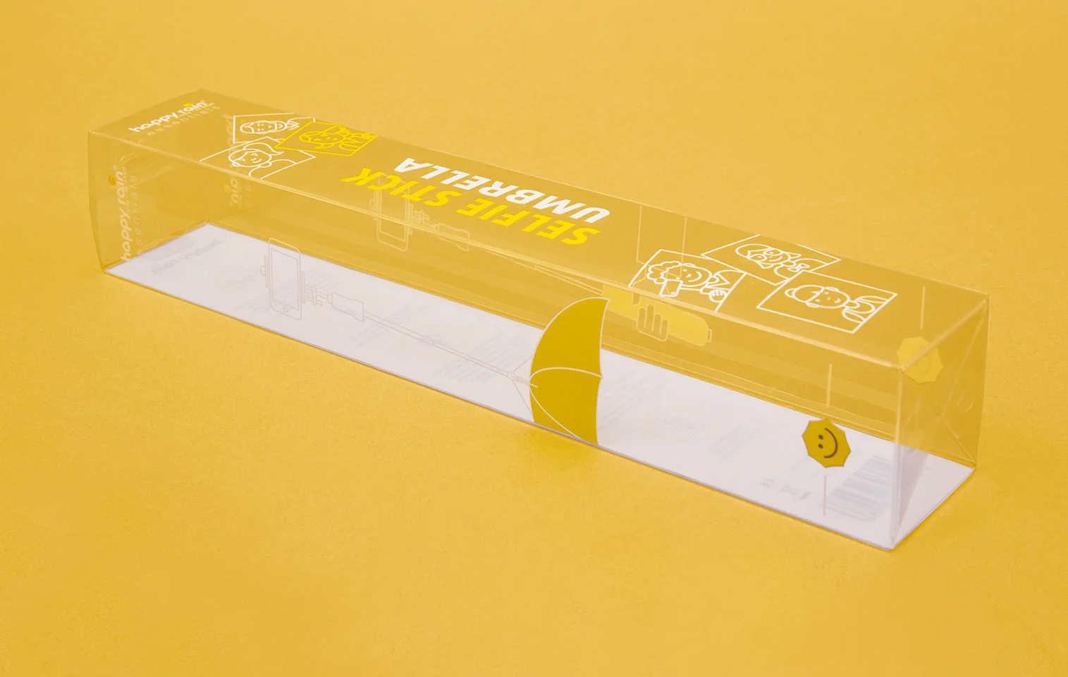 leere Verpackung des happy rain Selfie Stick Umbrella / transparente Verpackung mit Siebdruck in Gelb und Weiß, Agentur: sons of ipanema / Cologne