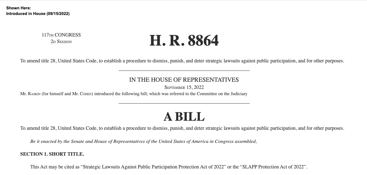 SLAPP Protection Act of 2022 Introduced in Congress!
