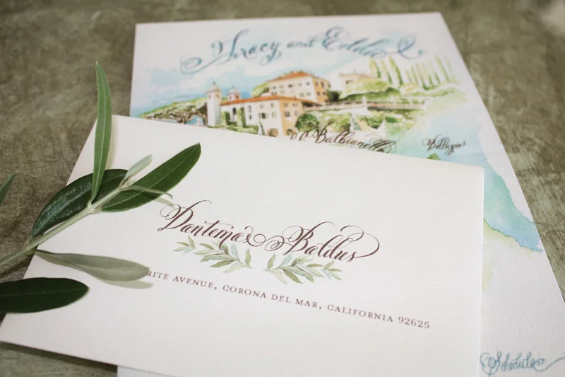 papermelange.com | Watercolor Lake Como Wedding Invitations | Paper Melange Custom Event Stationery | Exclusive Invites For Weddings and Events